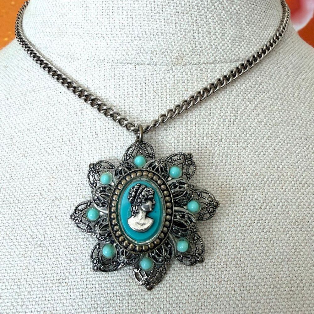 Vintage Victorian Revival Cameo Filigree Turquoise Blue Statement Necklace